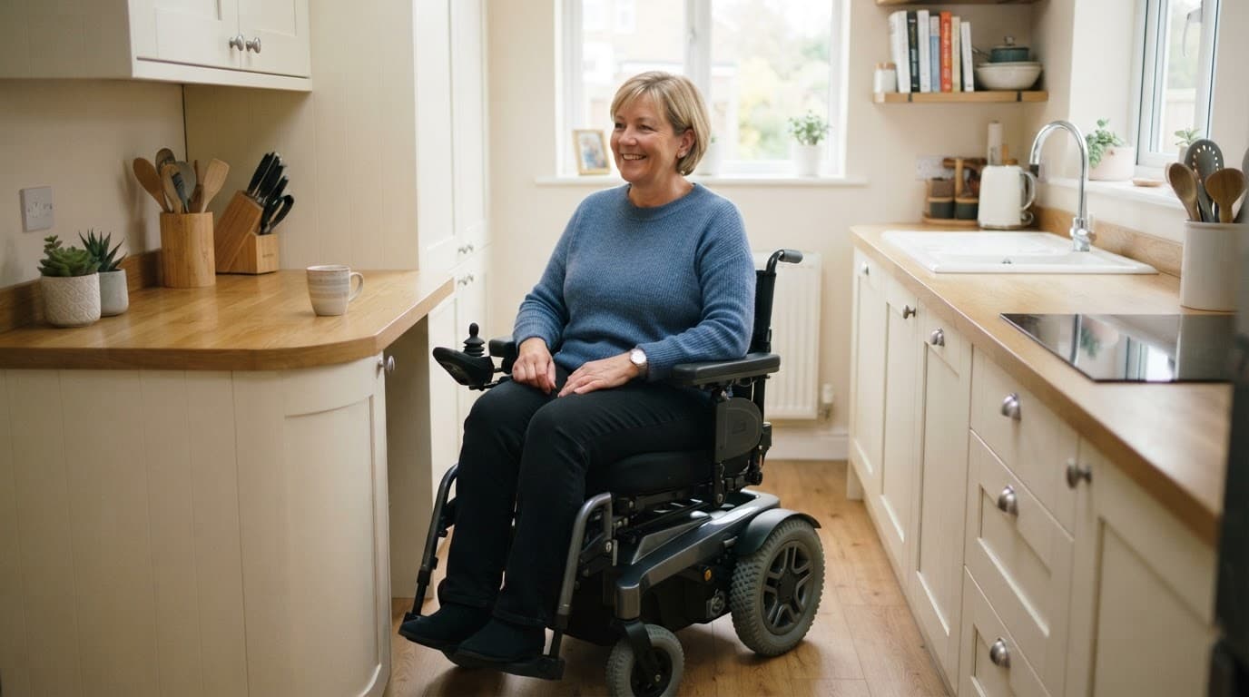 Woman using a compact powerchair to manoeuvre through a kitchen at home