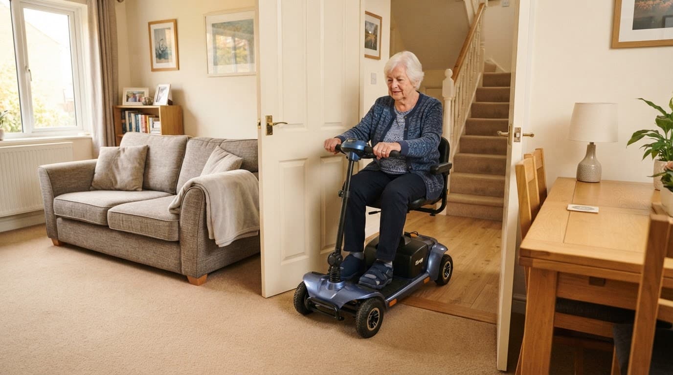 Older woman using a compact mobility scooter through a doorway at home