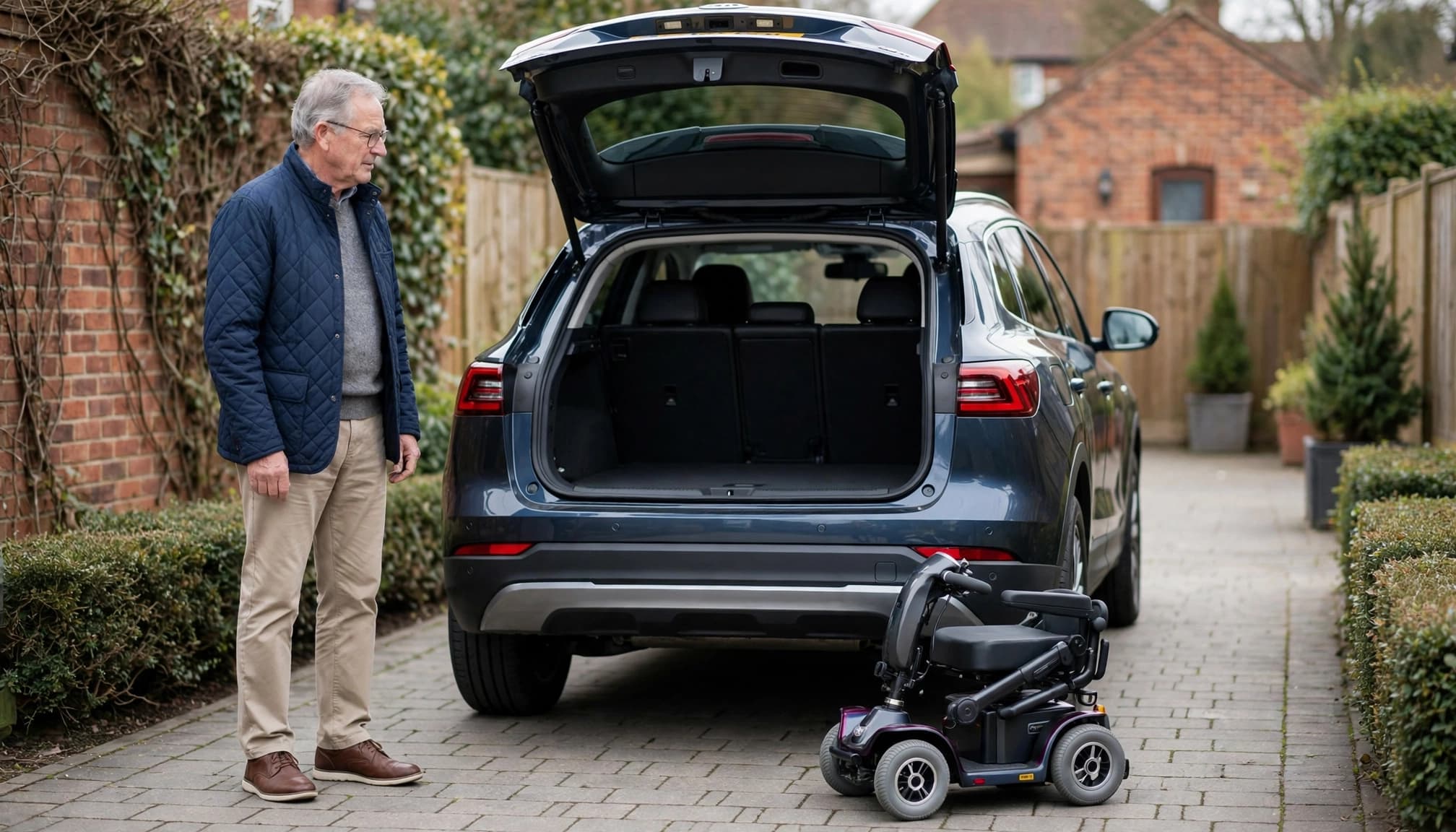 Older adult beside a car with a folded mobility scooter near the open boot.