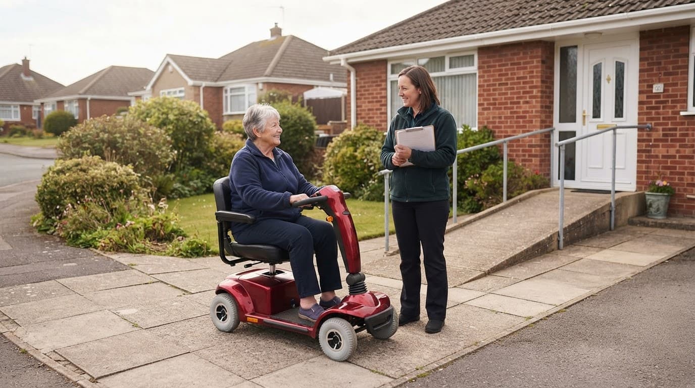 An older adult uses a scooter beside a bungalow as an adviser checks the driveway.