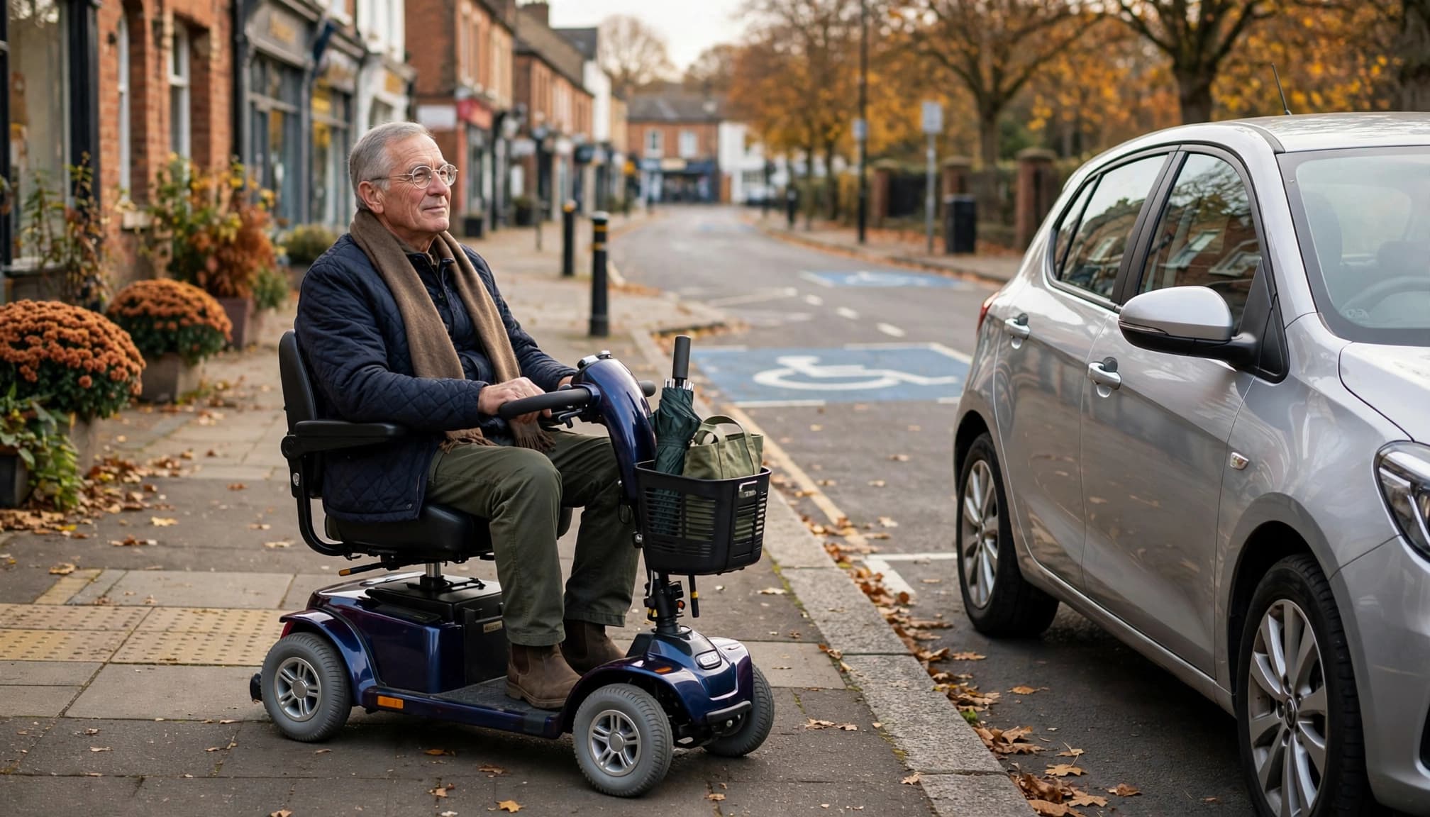 Older adult on a mobility scooter beside a parked family car near an accessible disabled parking bay.