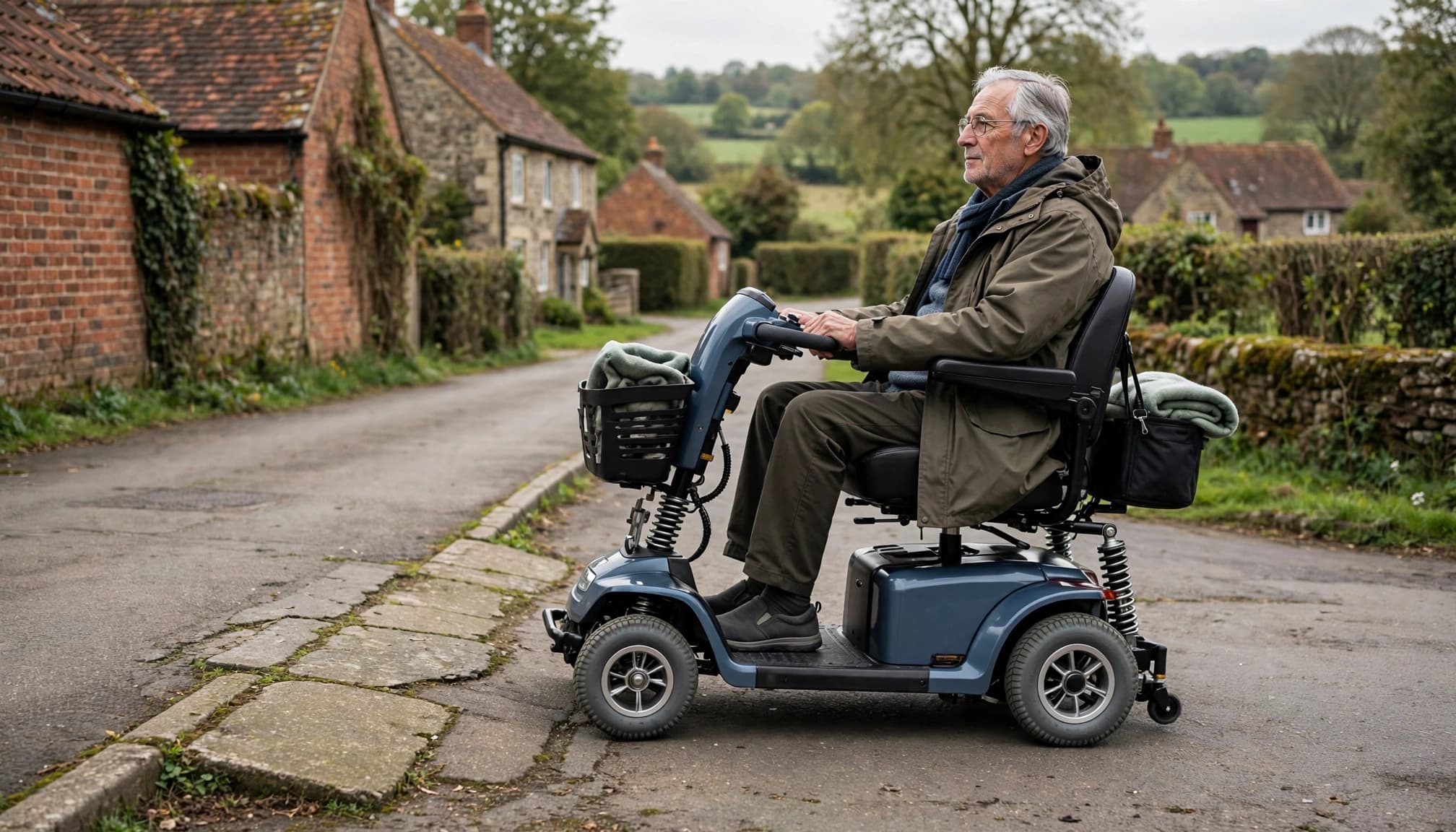 Older adult riding a four-wheel mobility scooter along a village pavement.