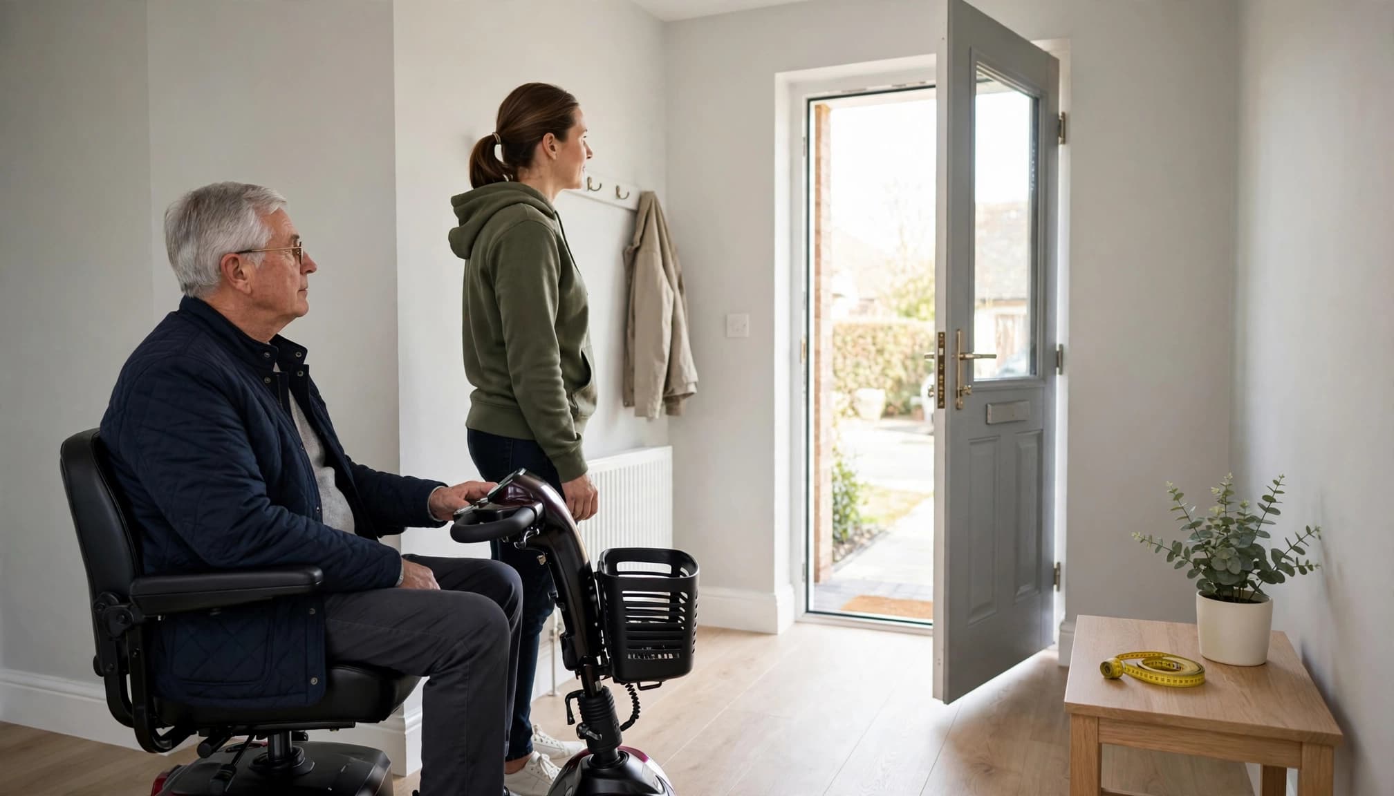 A scooter user and family member check the front-door route in a bright hallway.