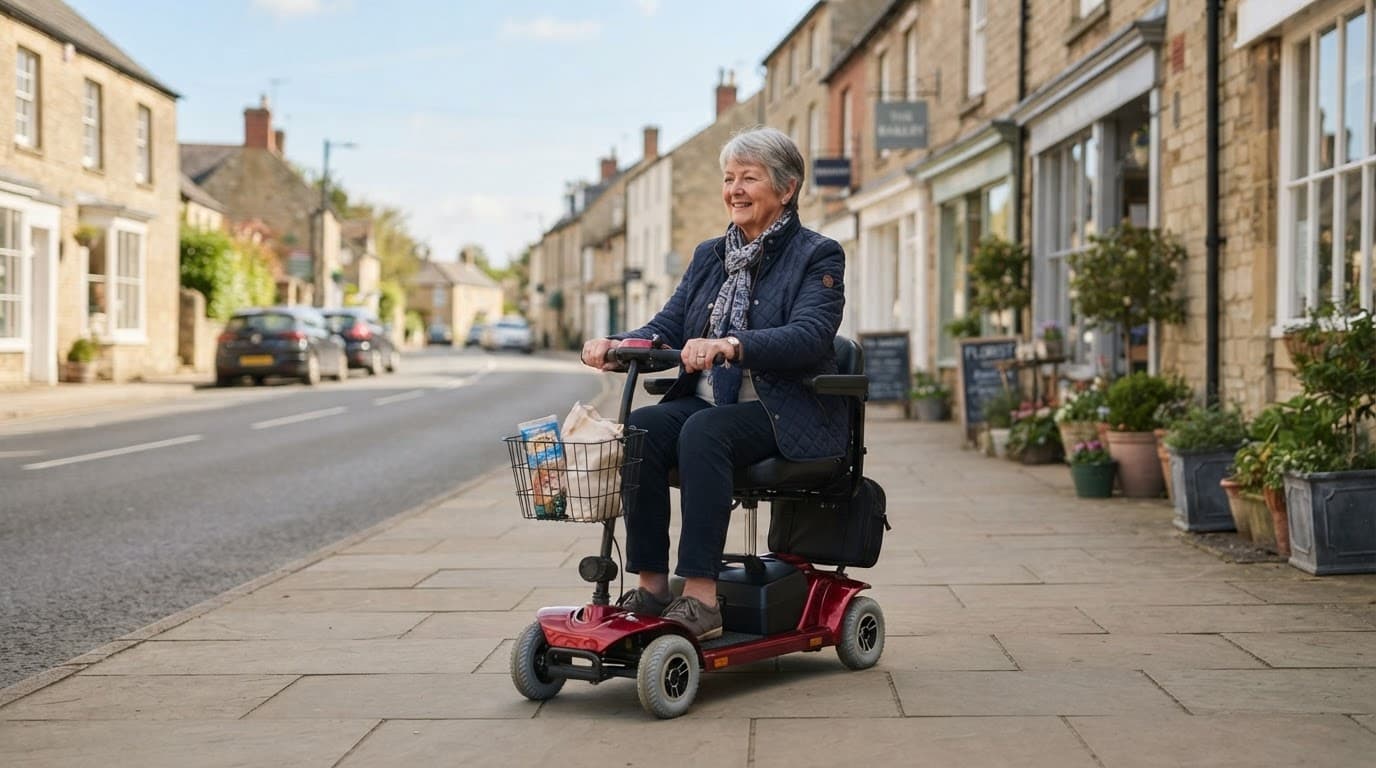 Older adult riding a mobility scooter with a basket along a quiet high street.