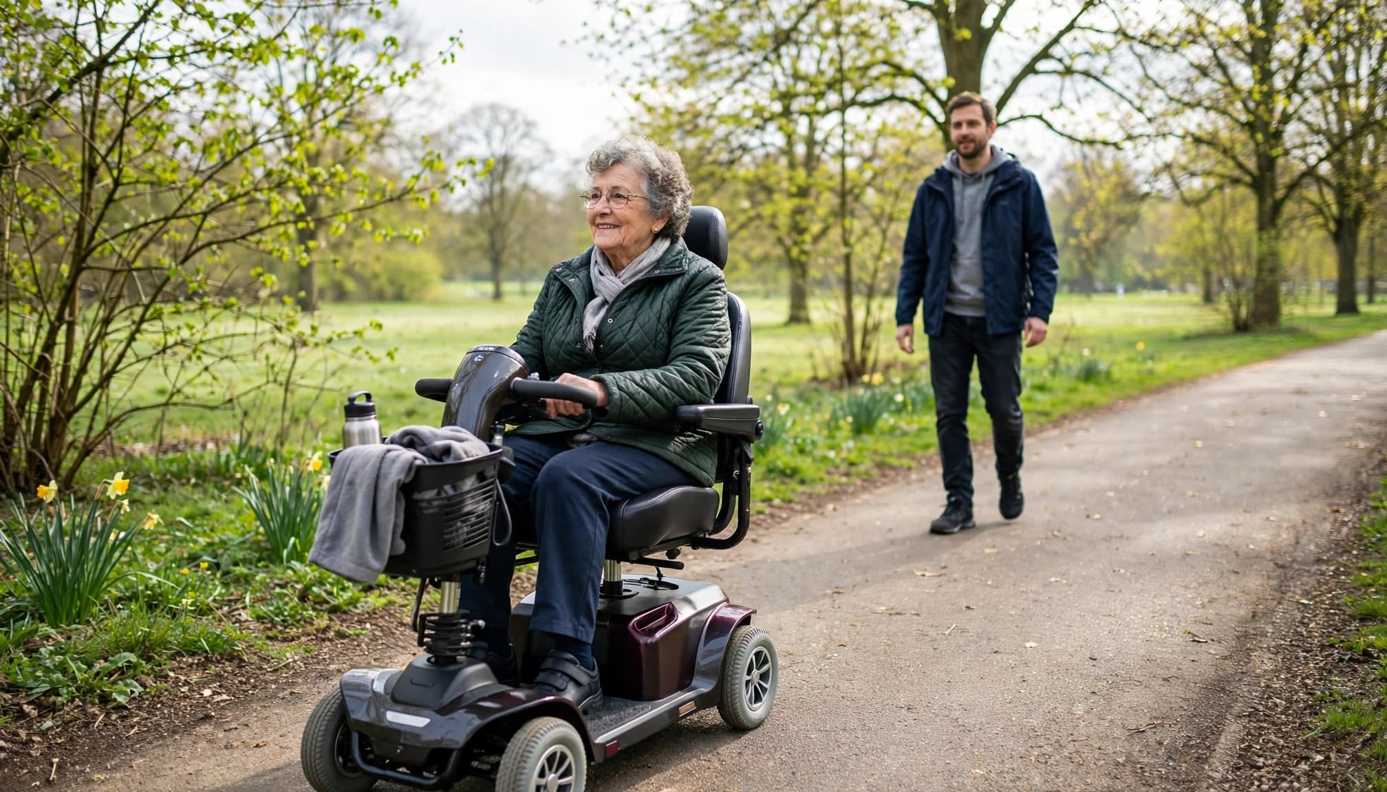 An older woman rides a mobility scooter beside a family member on a leafy path.
