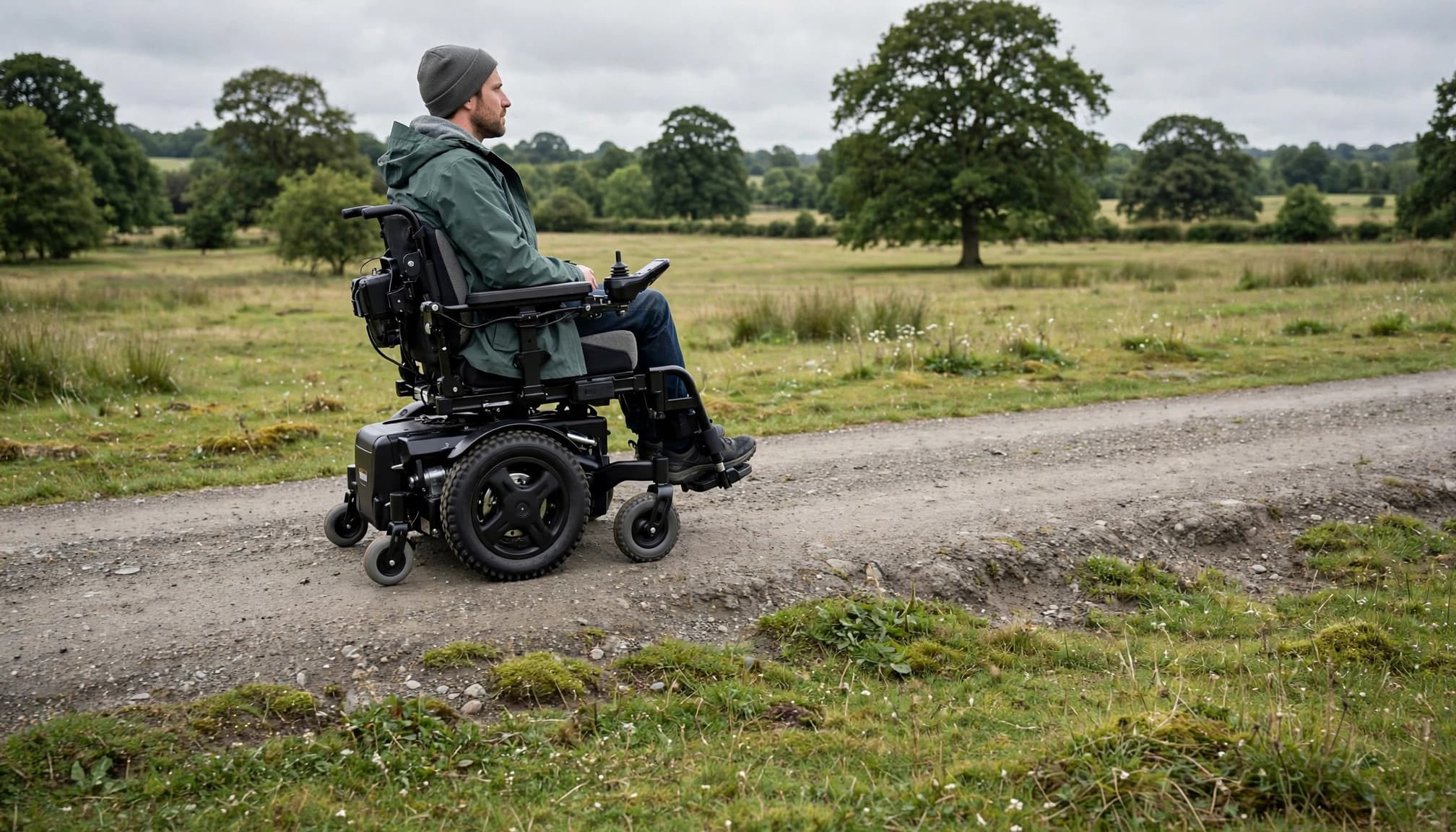 A wheelchair user travels along a gravel path beside open grass and distant trees.
