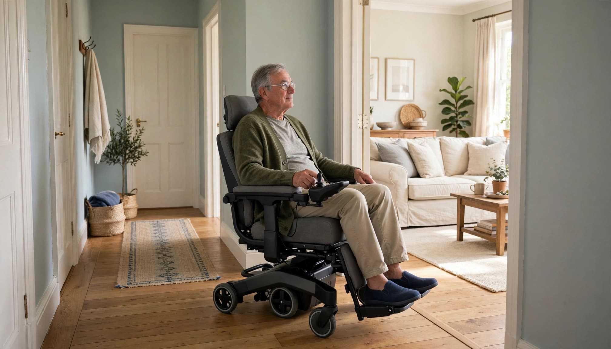 An older adult sits comfortably in a powerchair in a bright home hallway.