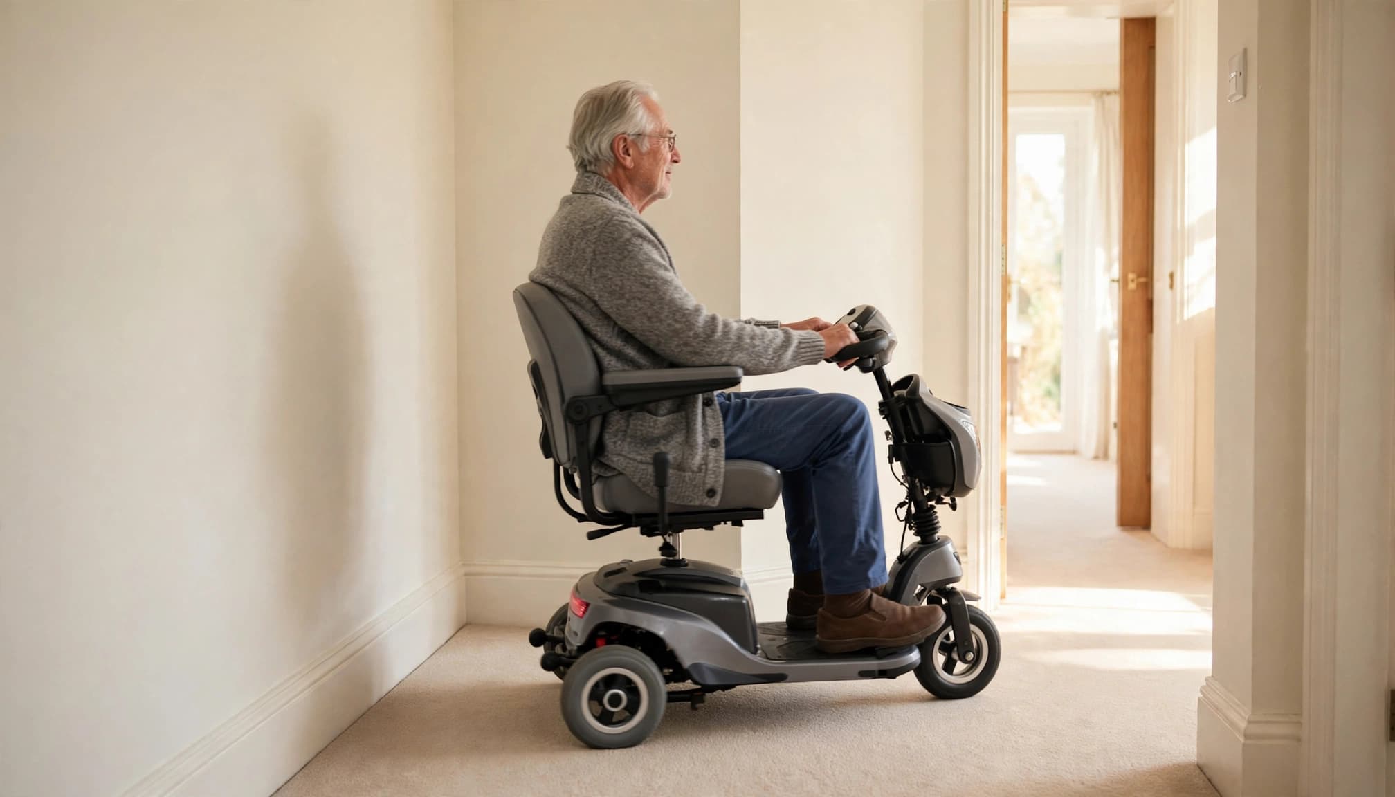 Older adult turning a three-wheel mobility scooter around a bright hallway corner.