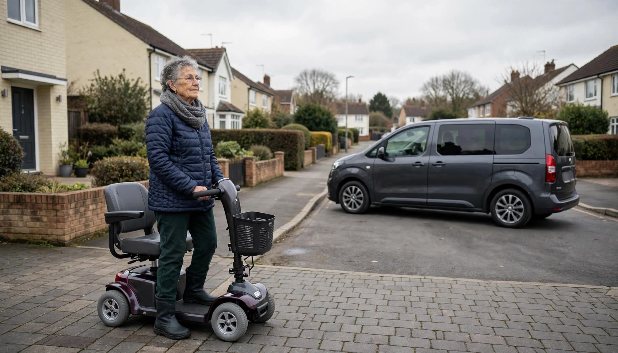 A woman beside her mobility scooter as a taxi waits at the kerb.