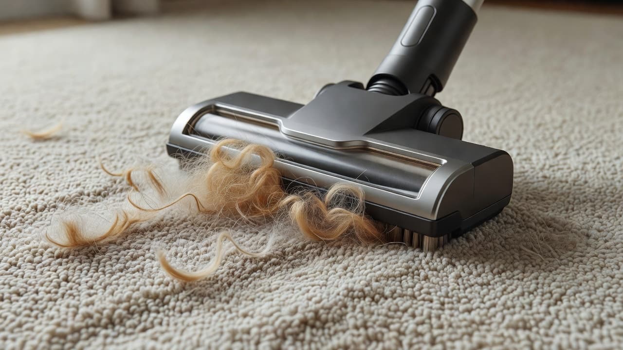 A sleek vacuum cleaner head glides across a textured carpet, effectively lifting stubborn pet fur from the rug fibers. Soft sunlight highlights the path cleared by the device on the floor.