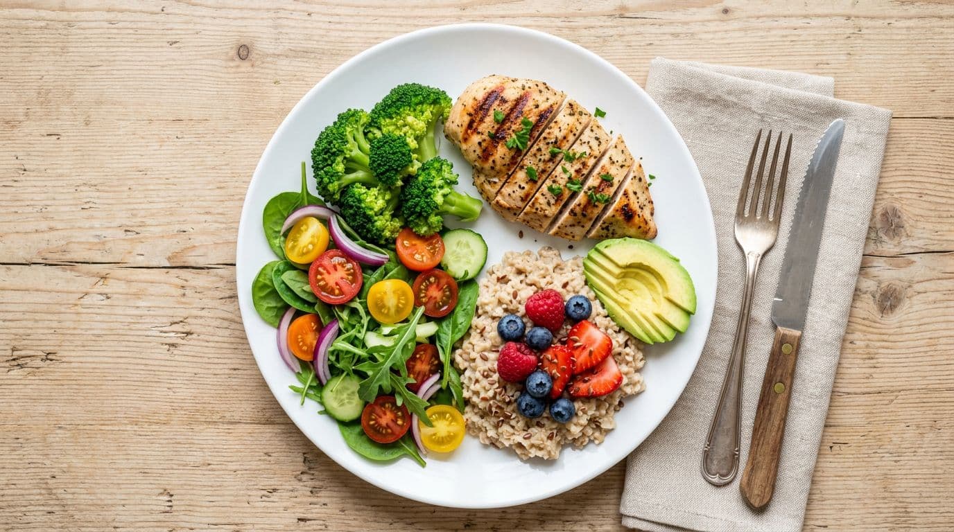 Balanced healthy postpartum meal on a white plate with colorful non-starchy vegetables like broccoli, spinach, tomatoes, grilled chicken breast, oatmeal with berries, and avocado slice, top-down view on wooden table in photorealistic style.