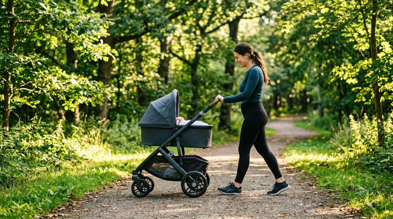 Young postpartum mother in activewear gently walks on a tree-lined park path pushing a single baby stroller, smiling relaxed at the baby inside in side profile view. Sunny morning golden light filters through leaves onto green grass and path in realistic outdoor photograph style.