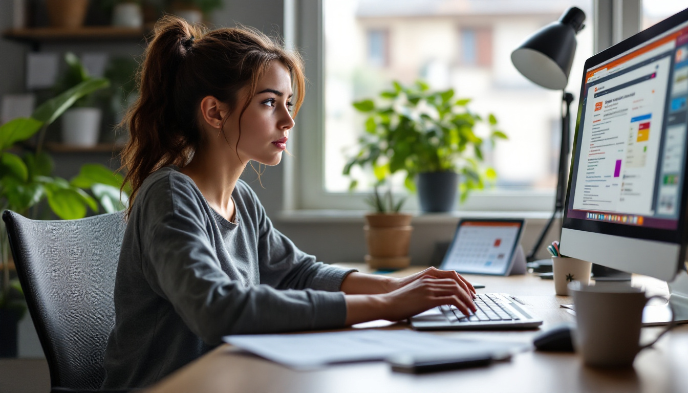 Créatrice OFM qui travaille sur Reddit avec un carnet de notes anti-ban, lumière naturelle, bureau moderne