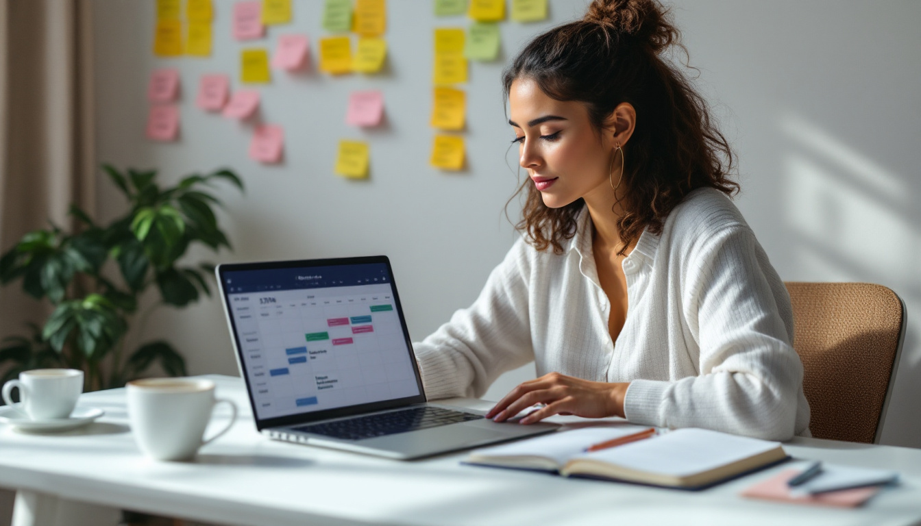 Créatrice OFM qui planifie un calendrier de 30 jours pour Reddit sur son laptop, avec idées de posts et plages horaires visibles