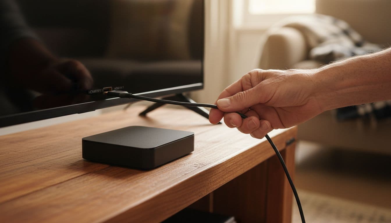 Close-up of an elderly person's hand gently plugging an HDMI cable from a compact streaming box into a TV HDMI port on a wooden stand in a cozy living room, natural daylight, warm tones, realistic photo.