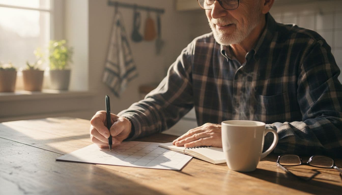 An older man in his late 60s sits at a wooden kitchen table, focusedly marking a calendar with a pen, smiling relaxedly with a cup of coffee nearby. Morning light streams through the window in a simple home setting, close-up on hands and open notepad.
