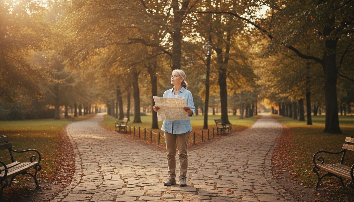 A senior woman in her 60s stands at a peaceful park crossroads during golden hour, holding a map with determination and curiosity as sunlight filters through trees.