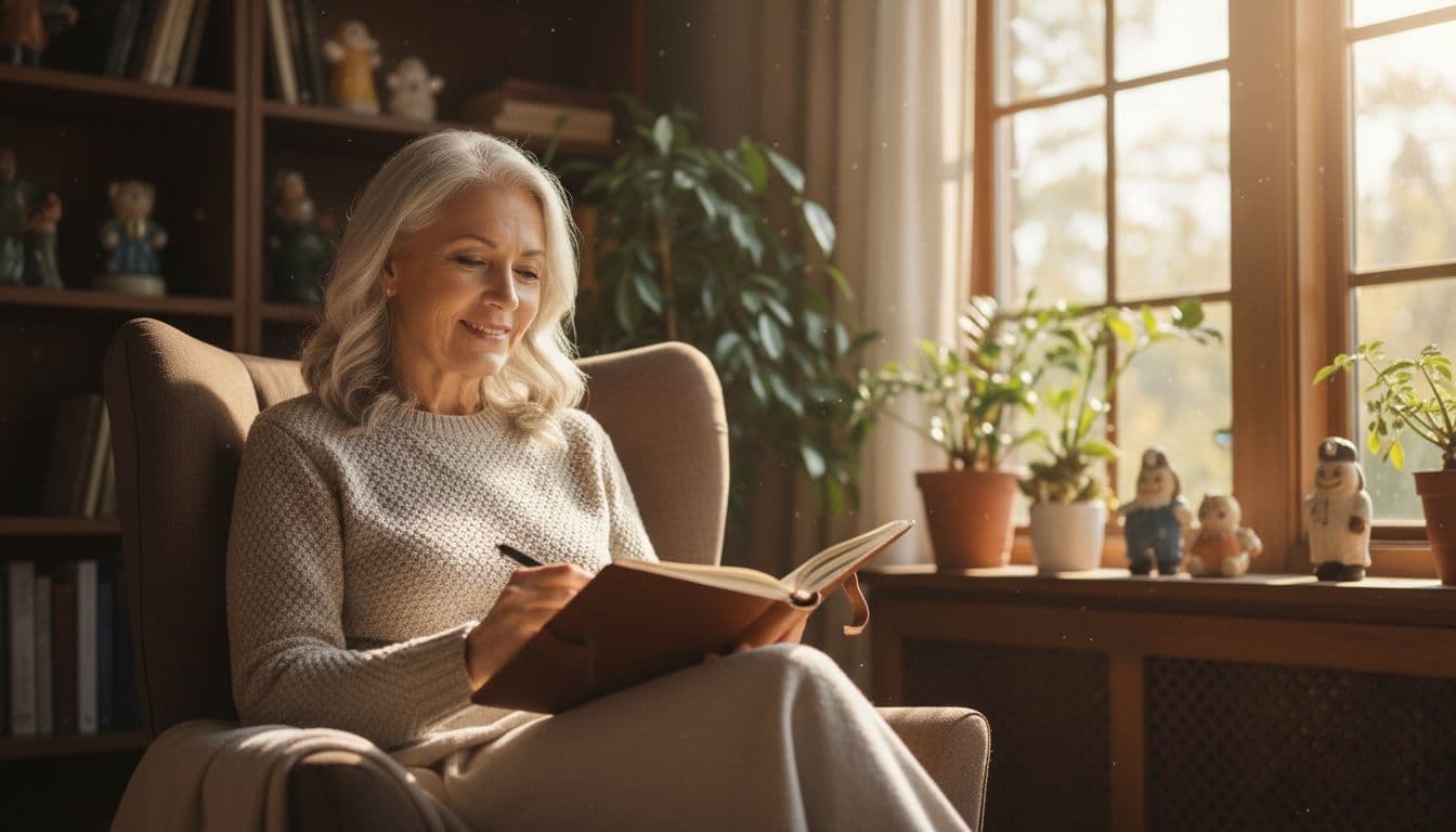 An older adult in their 60s sits by a sunny window in a cozy home office, gazing thoughtfully at a notebook with a calm, hopeful expression amid bookshelves and plants.