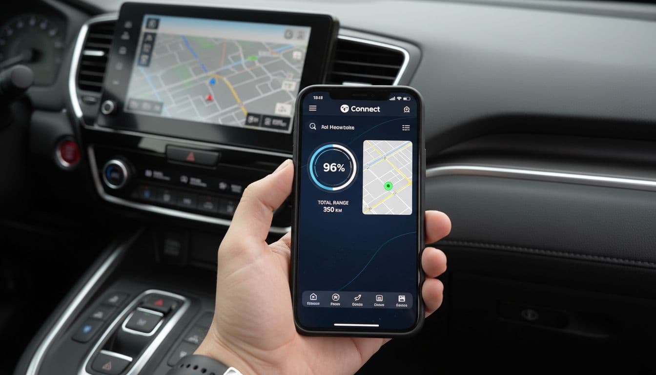 Smartphone screen held in hand displaying Honda Connect app interface in SUV dashboard context, showing 96% battery, range, and map with green marker, realistic close-up with soft lighting.