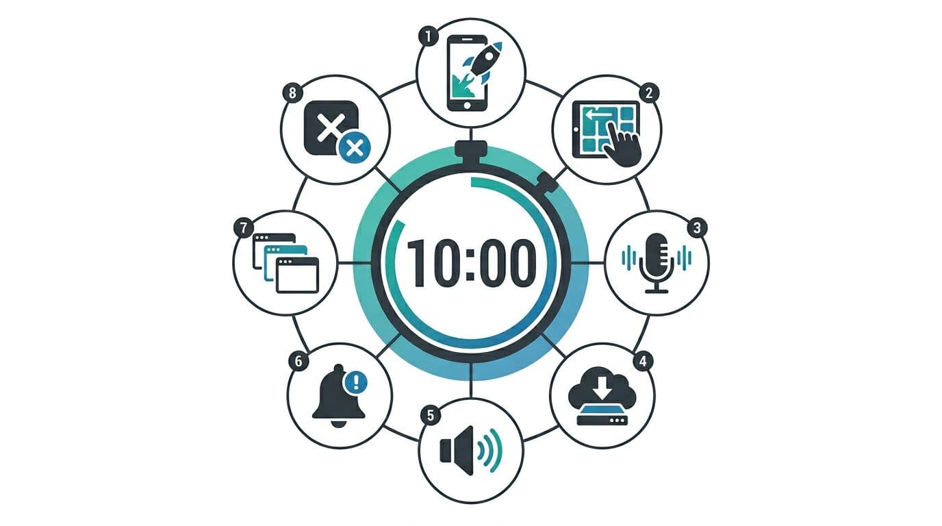 The 10-Minute Crash Stability Check For Language Learning Apps 3 Infographic displaying a large central 10:00 timer for app stability checks, encircled by icons for phone launch, swiping lessons, microphone use, offline download, background audio, notifications, multi-tasking, and force close. Vertical flat vector design on white background with teal and blue accents, high-contrast minimal style.
