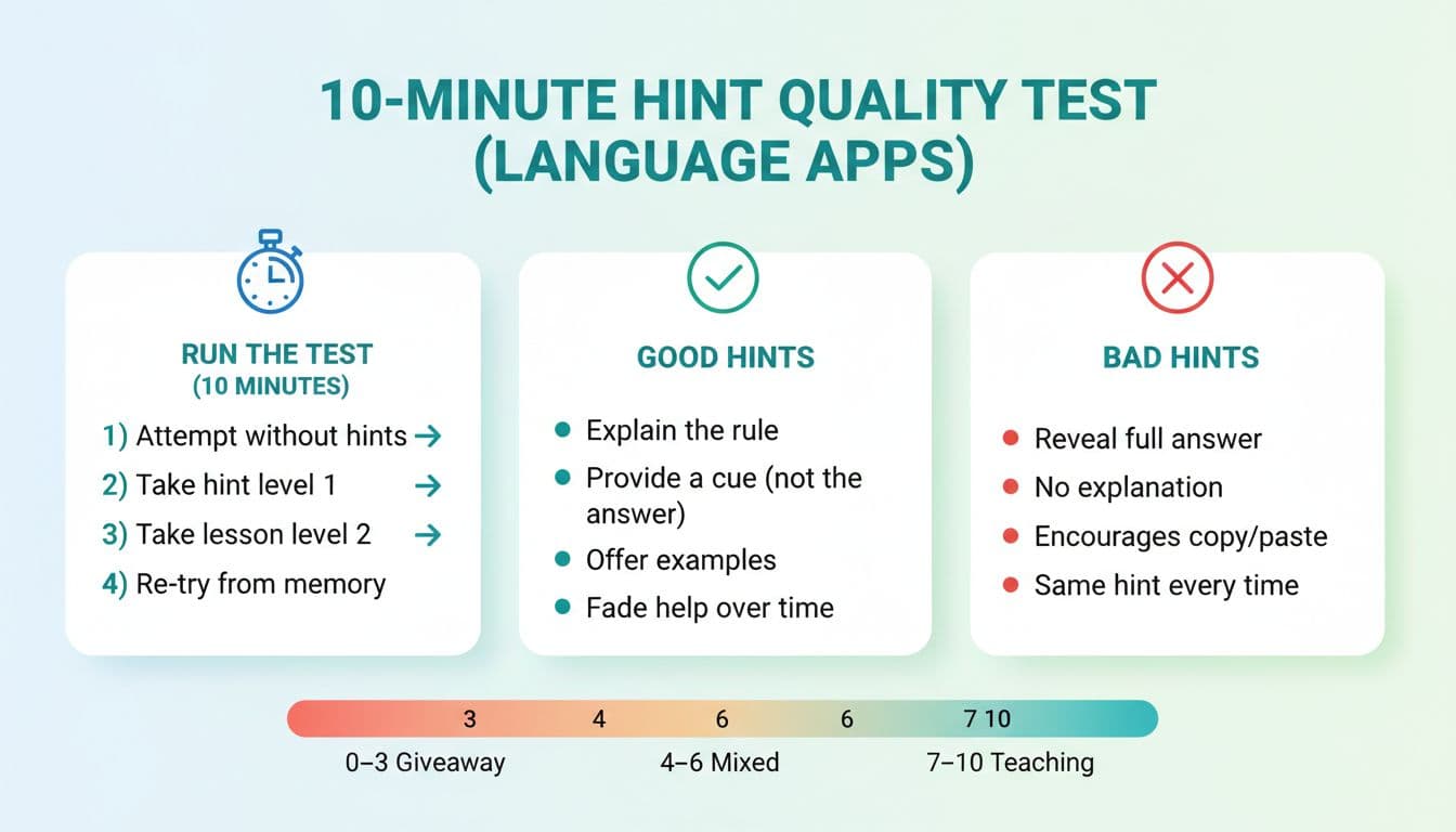 A clean, modern flat-design infographic outlining a 10-minute test for evaluating hint quality in language apps, featuring sections on test steps, characteristics of good and bad hints, and a scoring system from giveaway to teaching.