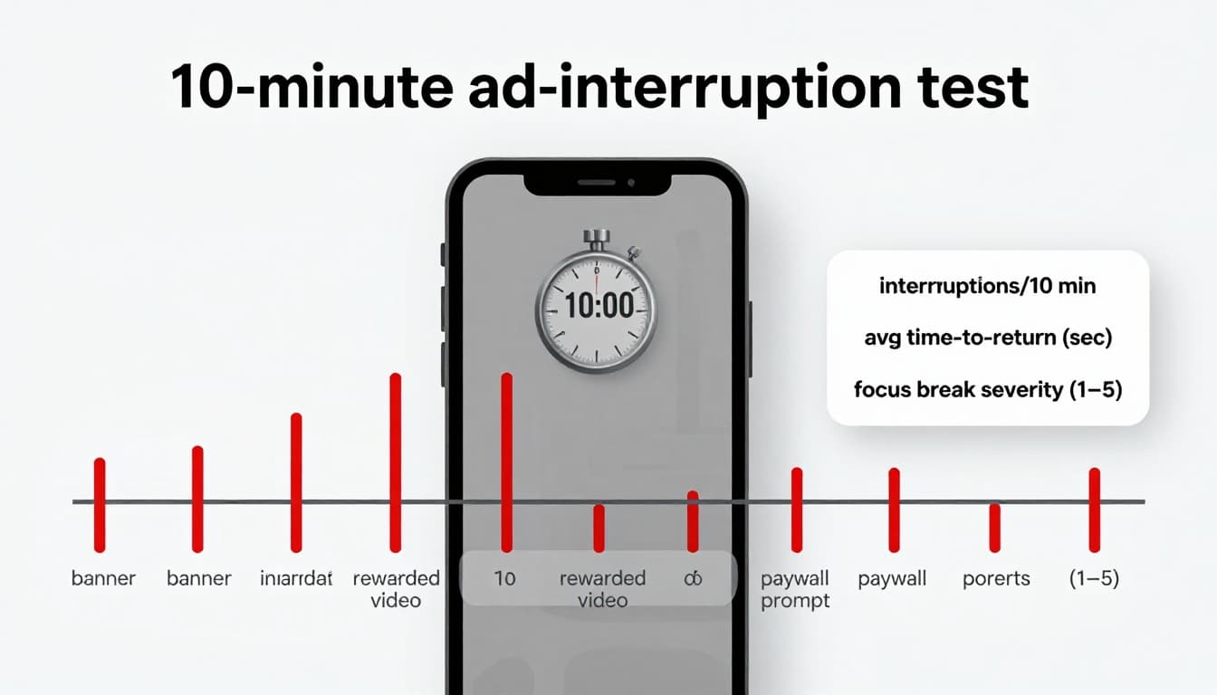 Clean modern infographic depicting a 10-minute timeline test for ad interruptions in language-learning apps, with stopwatch, ad type markers, scoring metrics, and subtle phone silhouette.