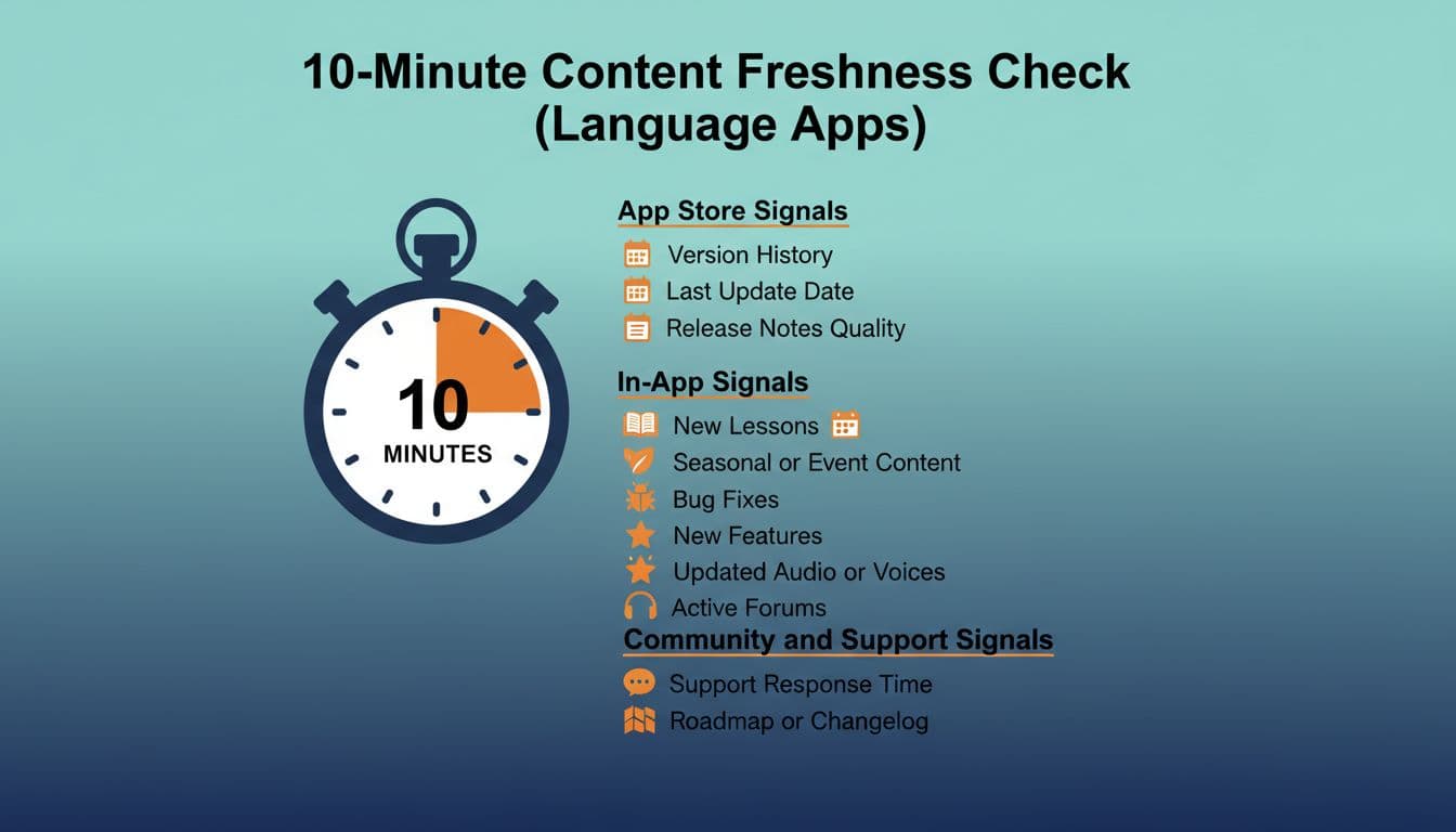 The 10-minute “content freshness” check, how to tell if a language app is actively updated or coasting on old lessons 2 Clean, modern infographic featuring a 10-minute stopwatch and checklist divided into App Store Signals, In-App Signals, and Community Support Signals for evaluating language app content freshness.