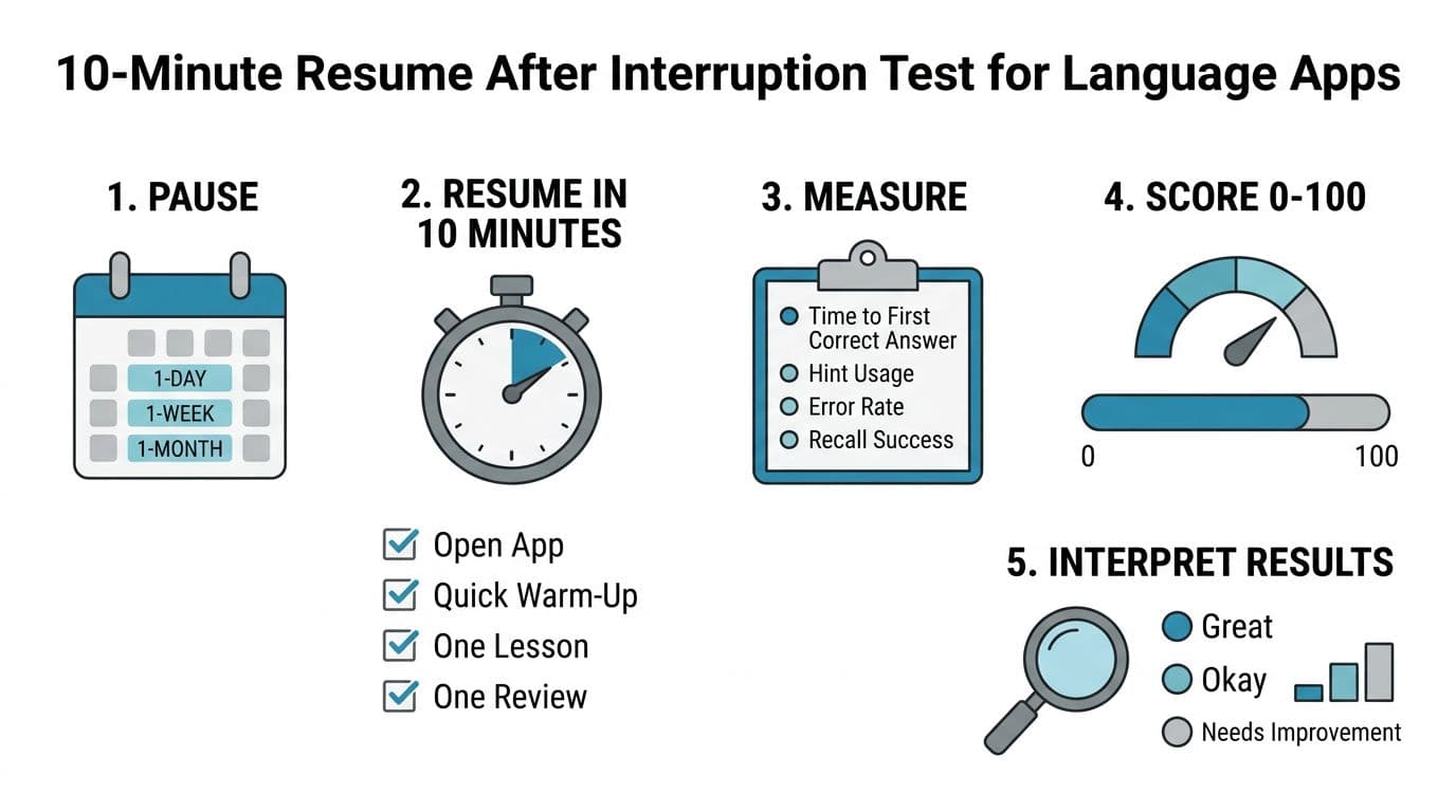 Clean modern infographic for the 10-Minute Resume After Interruption Test for language apps, featuring five sections with icons for pause breaks, quick resume steps, performance metrics, scoring gauge, and result interpretation.