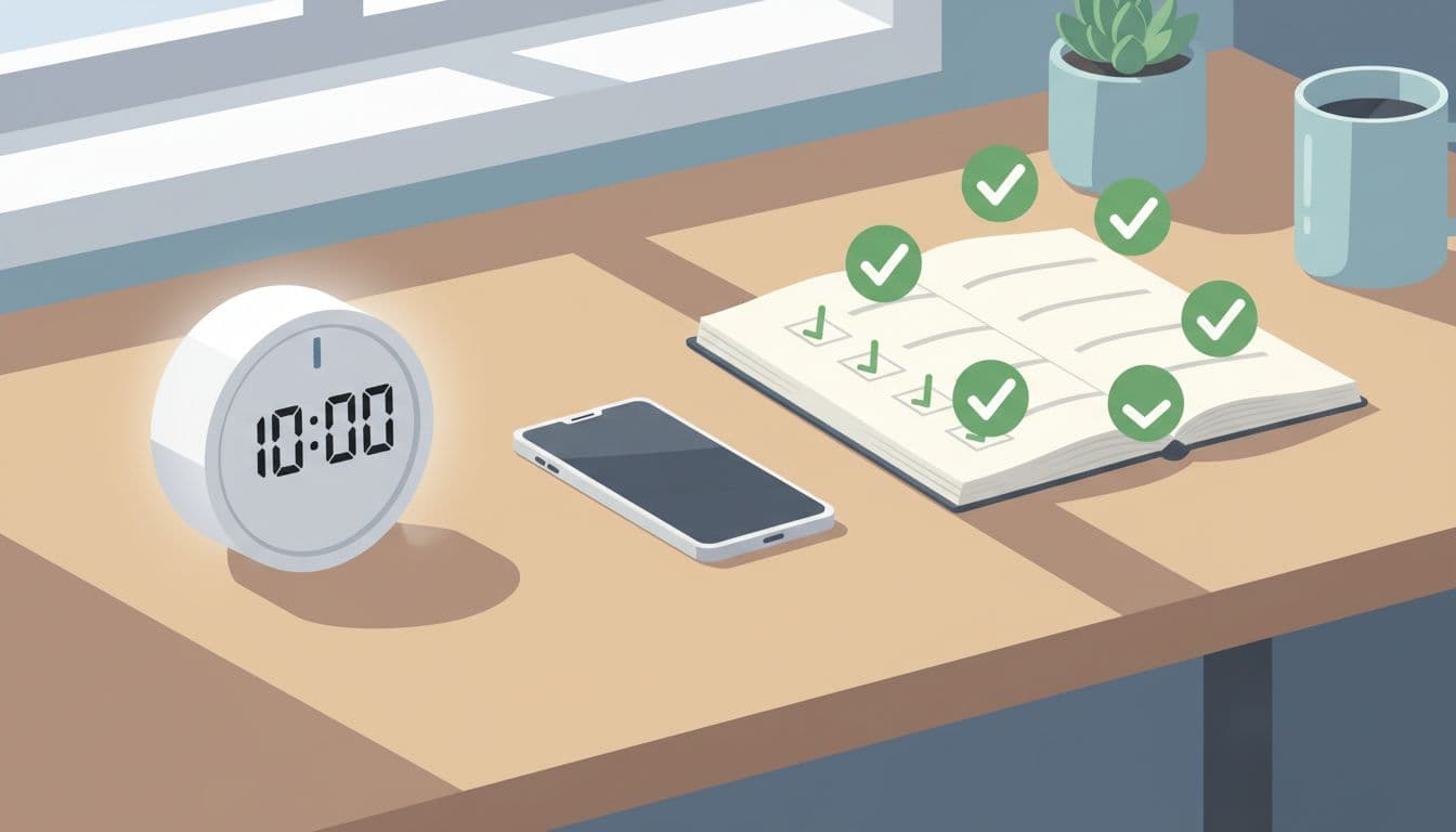 Simple flat illustration of a 10-minute timer clock on a bright desk next to a phone and notebook, with checkmark icons around a checklist in a modern workspace setting.