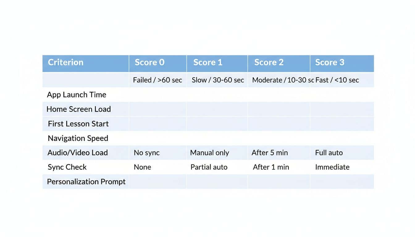 Simple clean scorecard illustration of a scoring rubric table for the 10-Minute Warm Start Speed Test for language learning apps, featuring criteria like App Launch Time and Navigation Speed with scores 0-3 in a modern flat design.