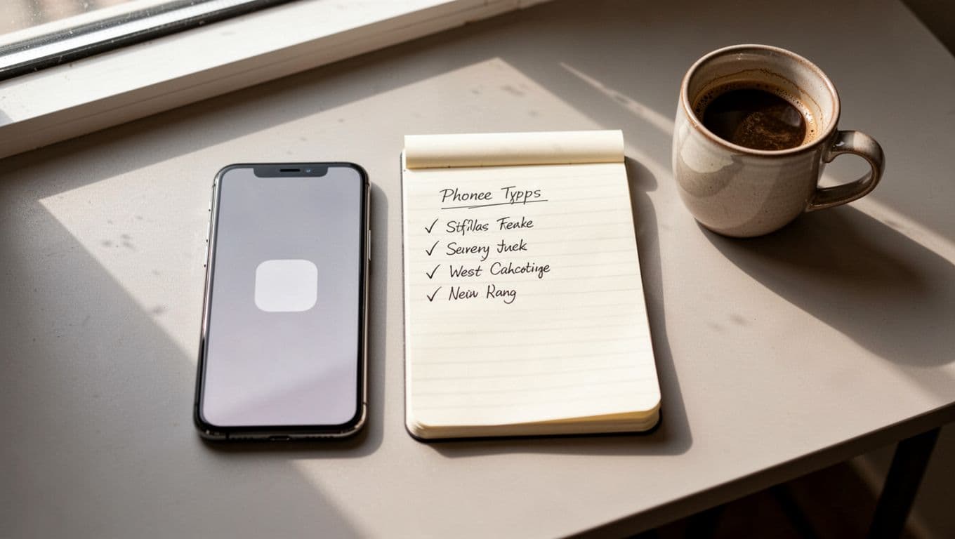 Top-down photorealistic view of a notepad with '15-Min Check' next to a smartphone showing a language learning app icon, coffee mug on a simple desk with bright natural light.