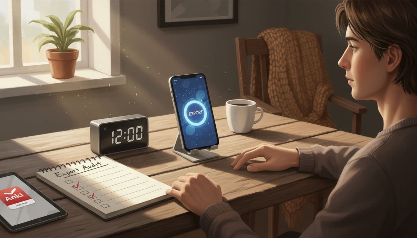 Illustration of a language learner at a wooden desk performing a quick Anki app export check, with a 12-minute timer, smartphone showing export button, open notebook checklist, and Anki icon in a cozy room with natural window light.