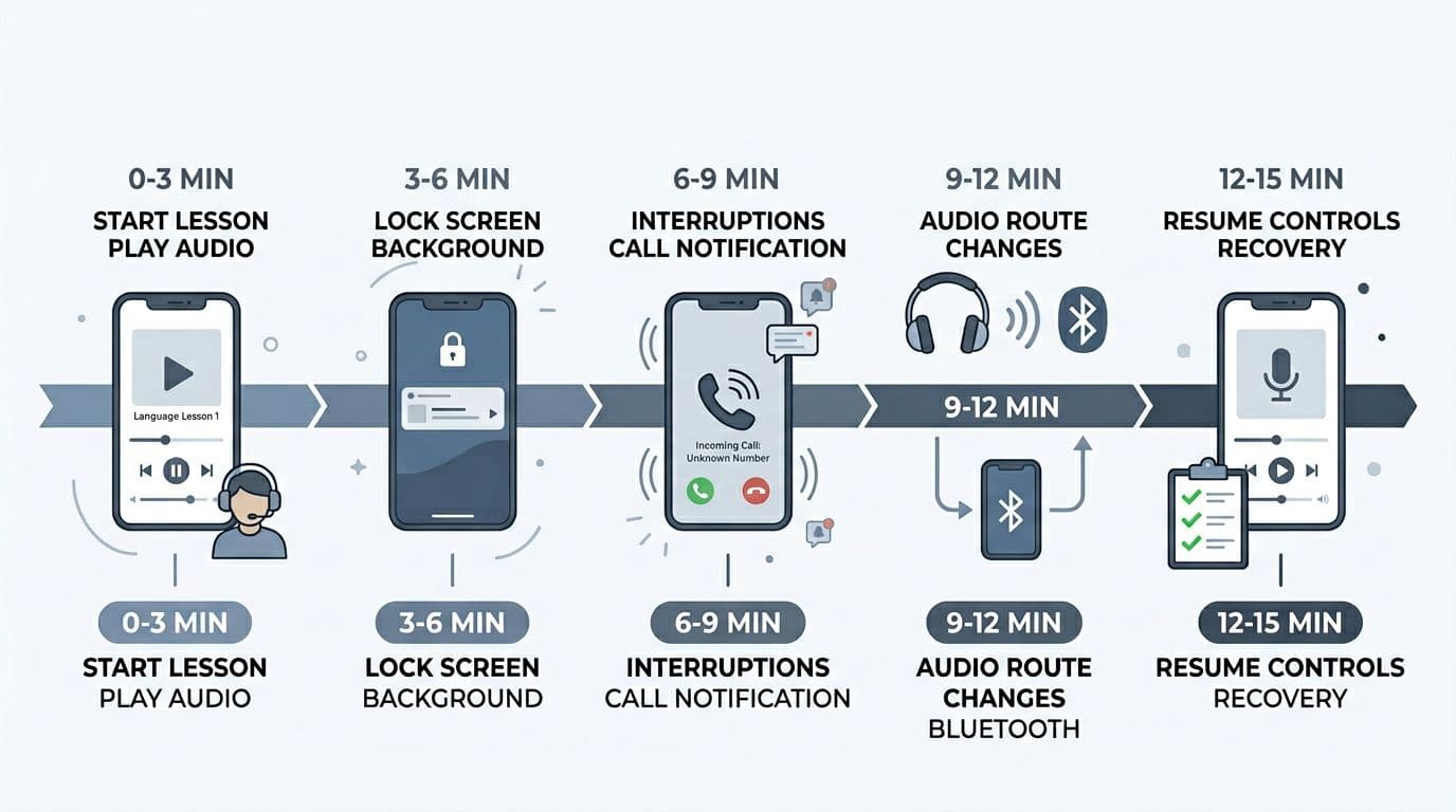The 15-Minute Background Audio Control Test For Language Apps 2 Clean, modern flat-design infographic depicting a 15-minute timeline for background audio control testing in language apps, divided into five segments: lesson start, lock screen, interruptions, Bluetooth changes, and recovery, with simple icons, one phone interface, and neutral colors.