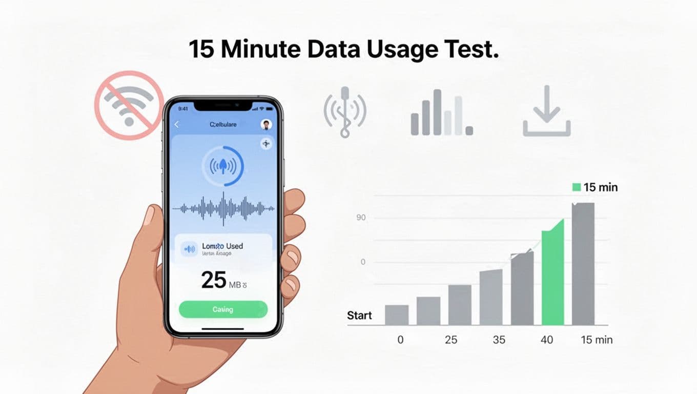 Clean, modern infographic showing a smartphone in hand displaying a language lesson screen with audio waveform and 25 MB data counter after 15 minutes. Features a timeline graph of data usage rise, faint cellular and Wi-Fi icons, in minimal flat design with tech colors on white background.
