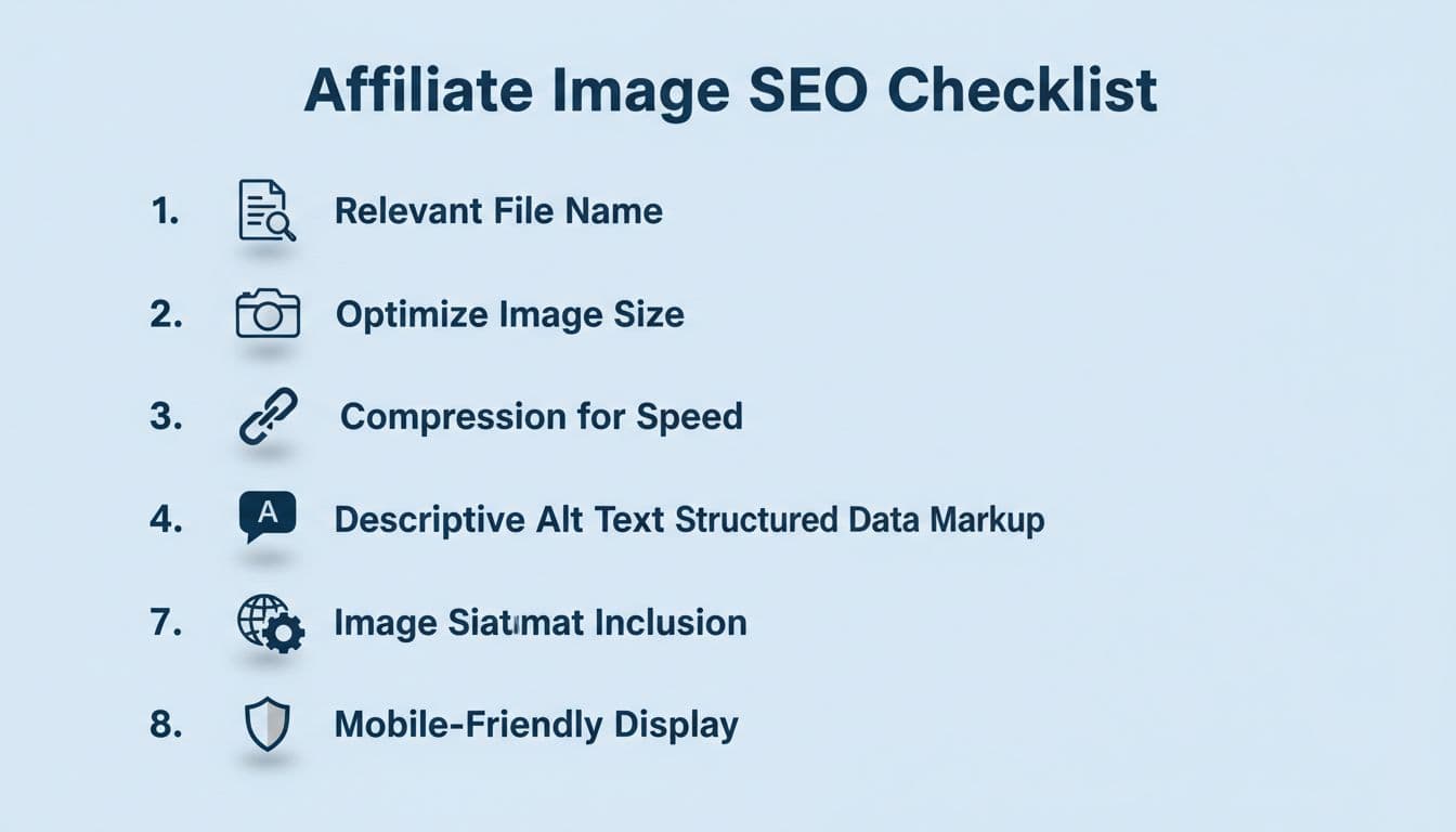 Clean infographic-style checklist showing 8 key steps for affiliate image SEO in review posts, with simple icons like file and camera, modern flat design on light blue background, landscape aspect ratio.
