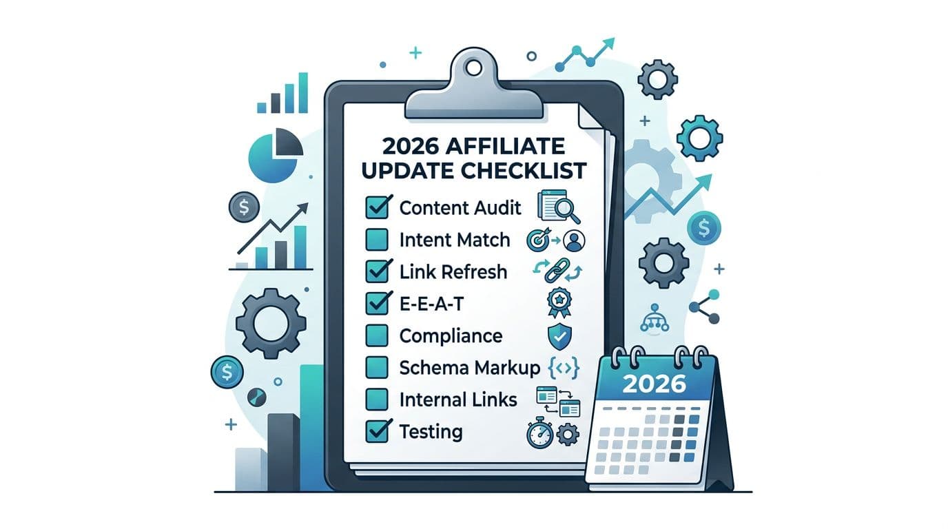 Clean, modern vector illustration of a clipboard checklist titled '2026 Affiliate Update Checklist' featuring SEO tasks like content audit, E-E-A-T, schema, and internal links, with a small 2026 calendar. Minimal flat style with subtle 3D gradients in blue, teal, and charcoal on a light background.