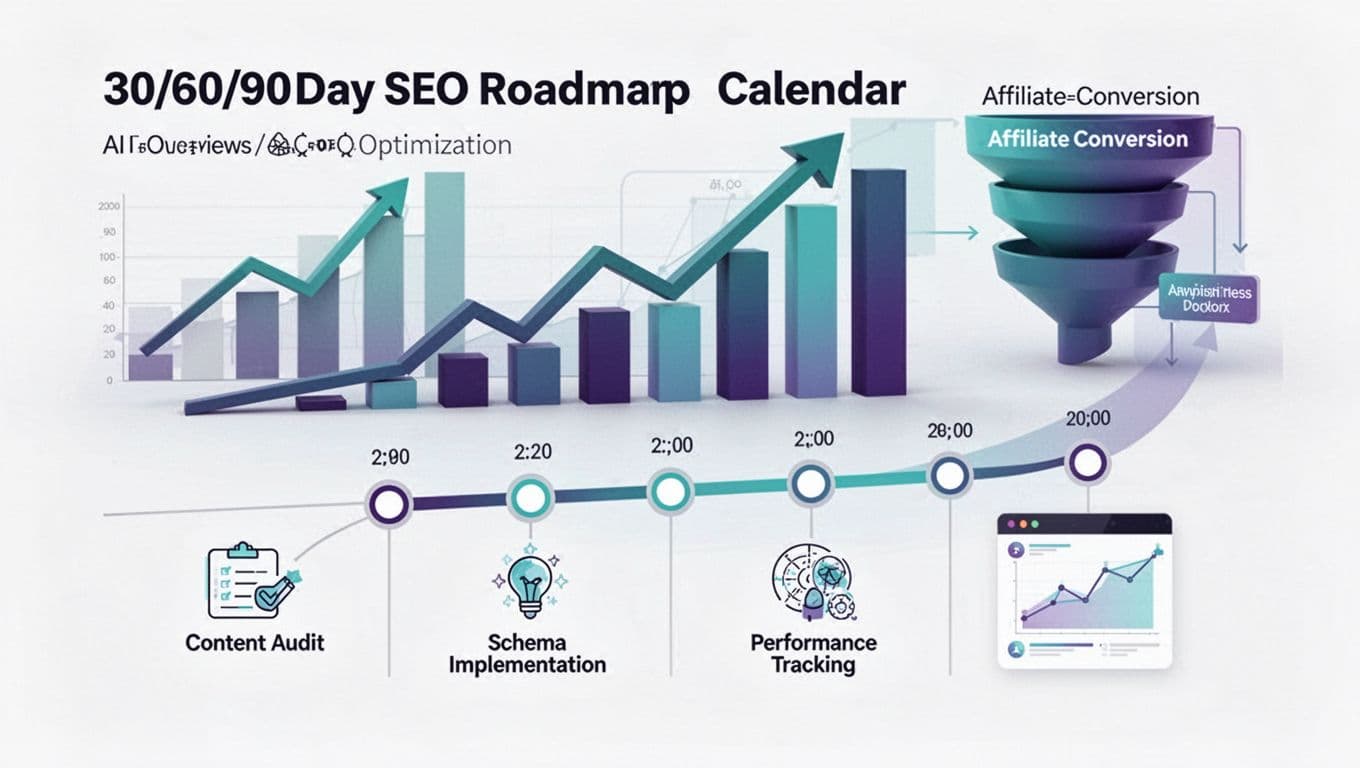 Clean vector illustration of a 30/60/90-day SEO roadmap calendar for AI Overviews optimization, featuring foreground timeline icons for content audit, schema implementation, and performance tracking, with background upward trending graphs and affiliate conversion funnels in teal and indigo gradients.