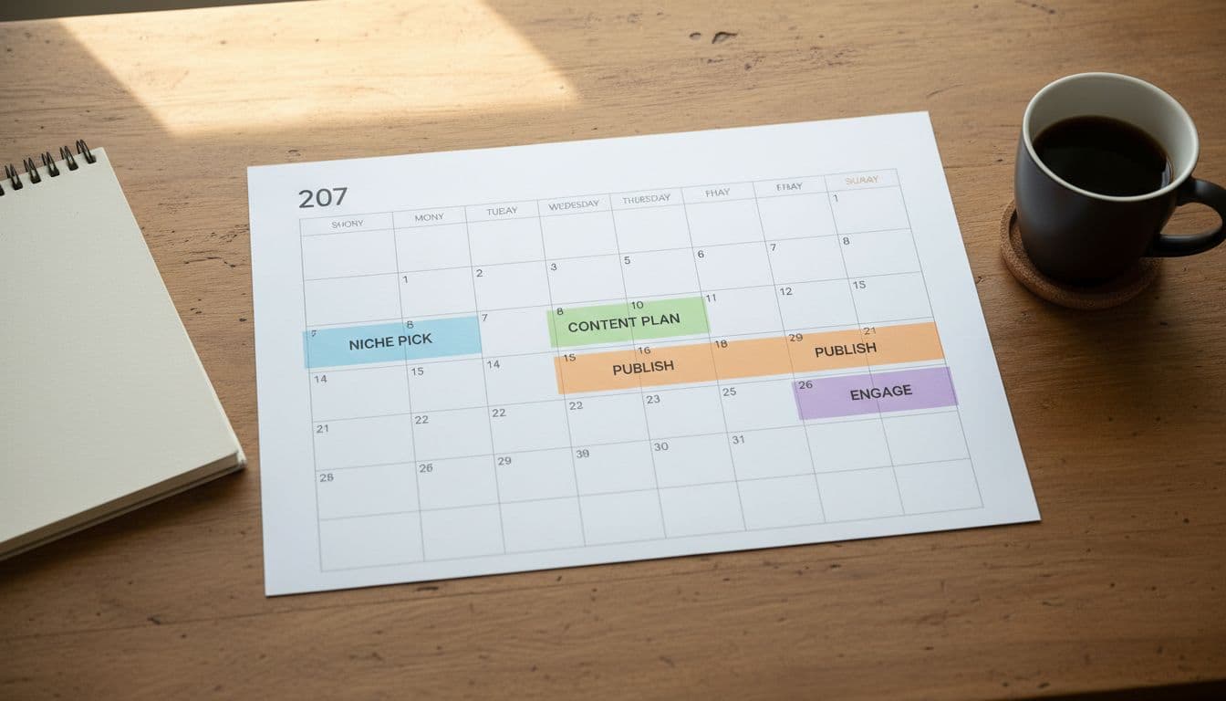 Clean 30-day calendar grid on a wooden desk with notebook and coffee mug nearby, weeks 1 to 4 highlighted with color blocks for tasks like niche pick, content plan, and publish.