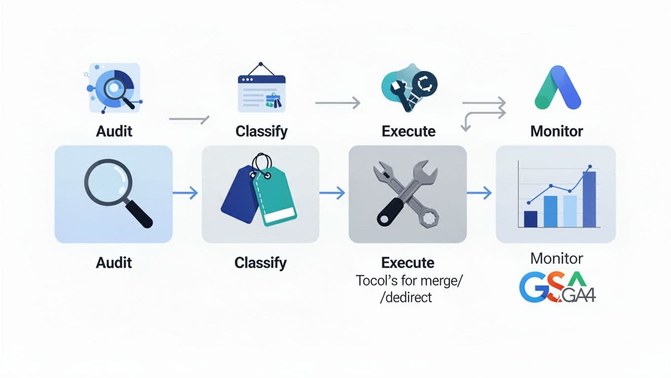 A clean, modern flat vector illustration of a horizontal 4-phase SEO workflow timeline featuring Audit (magnifying glass), Classify (tags), Execute (merge/redirect tools), and Monitor (GSC/GA4 charts), connected by arrows with subtle gradients in blues, teals, and greys on a white background.