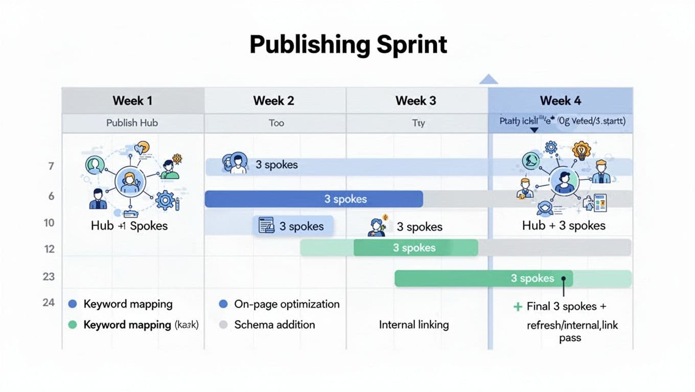 Clean modern flat vector illustration of a 4-week horizontal calendar timeline for a 12-post SaaS/SEO publishing sprint, featuring hub-and-spoke structure, Gantt-style bars, and milestones like keyword mapping, on-page optimization, schema addition, and internal linking.
