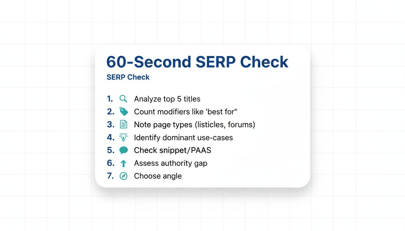 Clean, modern minimalist vector flat design card with a numbered 1-7 SERP checklist featuring simple icons for analyzing titles, modifiers, page types, use-cases, snippets, authority gaps, and angles. Presented in landscape orientation with subtle grid, blue-teal accents, rounded corners, and shadow on white background for educational clarity.