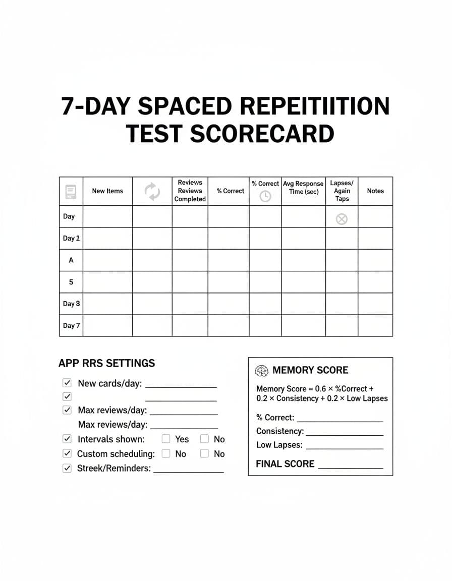 A clean, print-ready one-page scorecard for evaluating spaced repetition performance in a language-learning app over 7 days. Includes a detailed tracking table, SRS settings checklist, and memory score formula in a modern minimal design with ample white space.