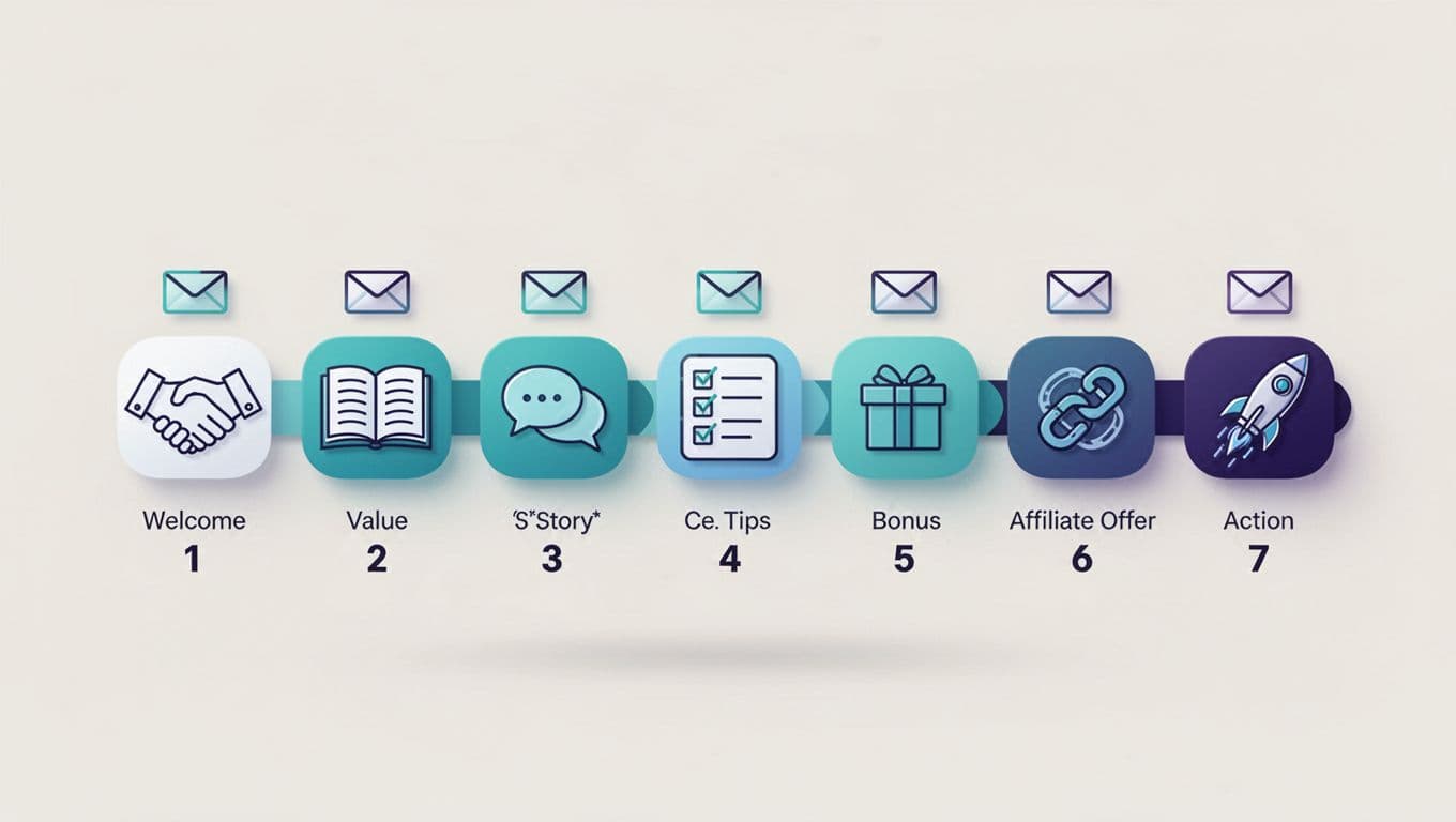 Clean modern flat-vector illustration with subtle 3D gradients of a 7-step horizontal timeline for an affiliate welcome email sequence in teal and indigo on a neutral background.