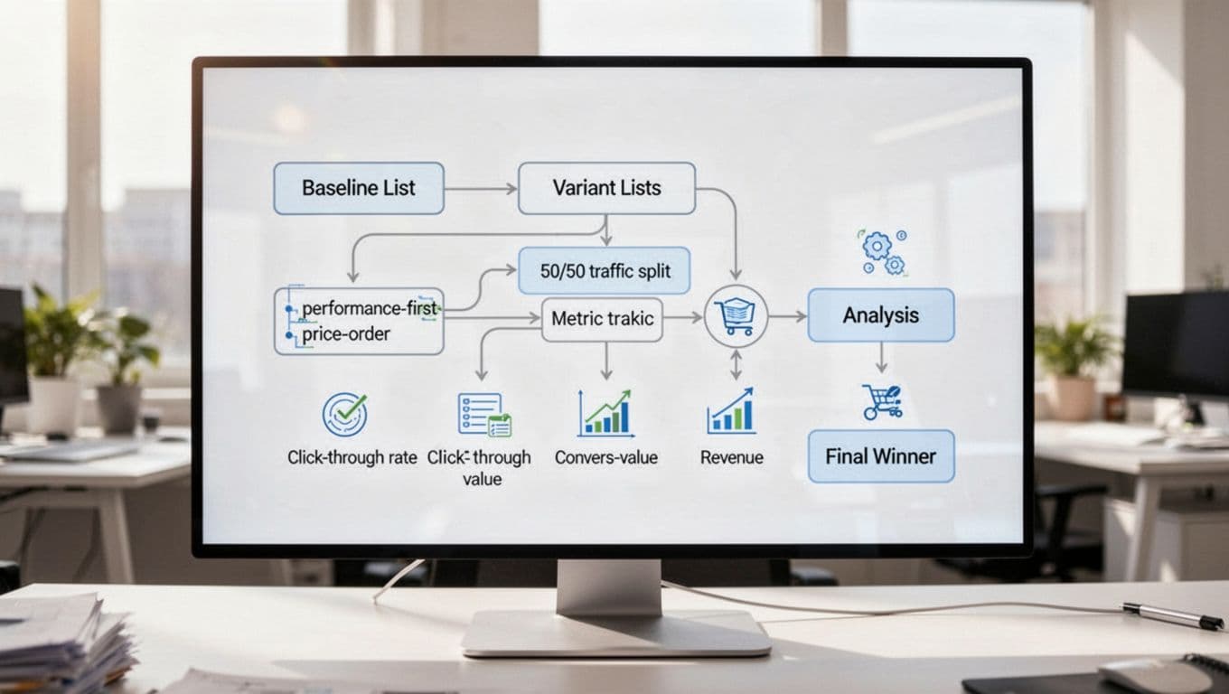 Step-by-step infographic diagram illustrating A/B testing workflow for optimizing affiliate product list orders, featuring baseline and variants like EPC first and price order, 50/50 traffic split, metrics tracking with CTR EPC revenue icons, analysis, and winner selection on a clean digital screen.