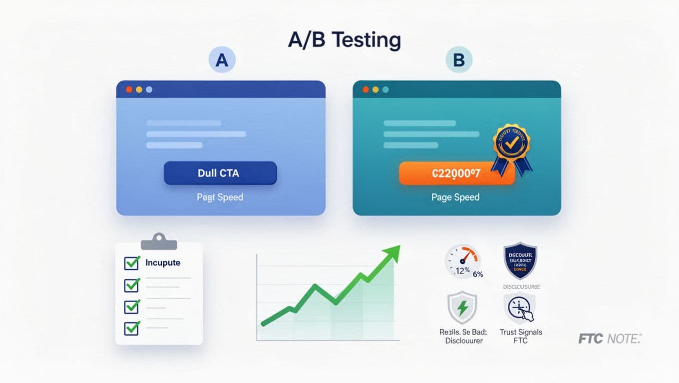 Clean modern 2D vector flat design illustration of an A/B testing scene featuring two side-by-side webpage cards labeled A and B: A with a dull CTA button, B with a bright orange CTA button and trust badge. Includes a checklist icon, upward green trend line graph, and small icons for page speed, trust signals, and FTC note on a white background.