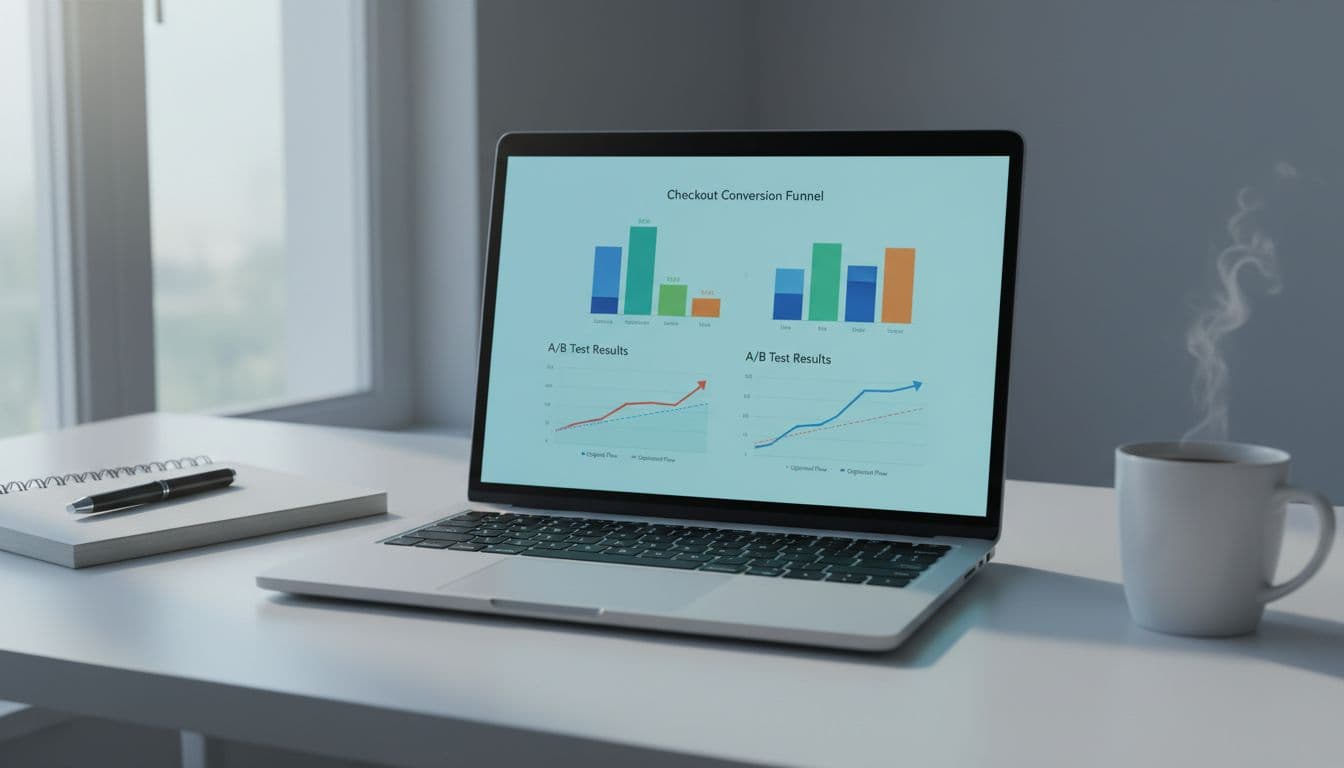Laptop screen displaying ecommerce analytics dashboard with checkout conversion charts and A/B test results graphs on a simple office desk with notebook and coffee mug. Focus on screen glow in modern flat design with soft window lighting, no readable text, exactly one laptop, no people.