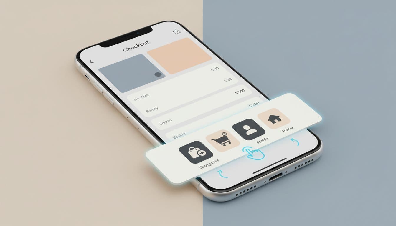 Modern smartphone mockup of accessible mobile bottom navigation in an ecommerce store app checkout screen, featuring large high-contrast icons, gesture hints, and minimalist design.