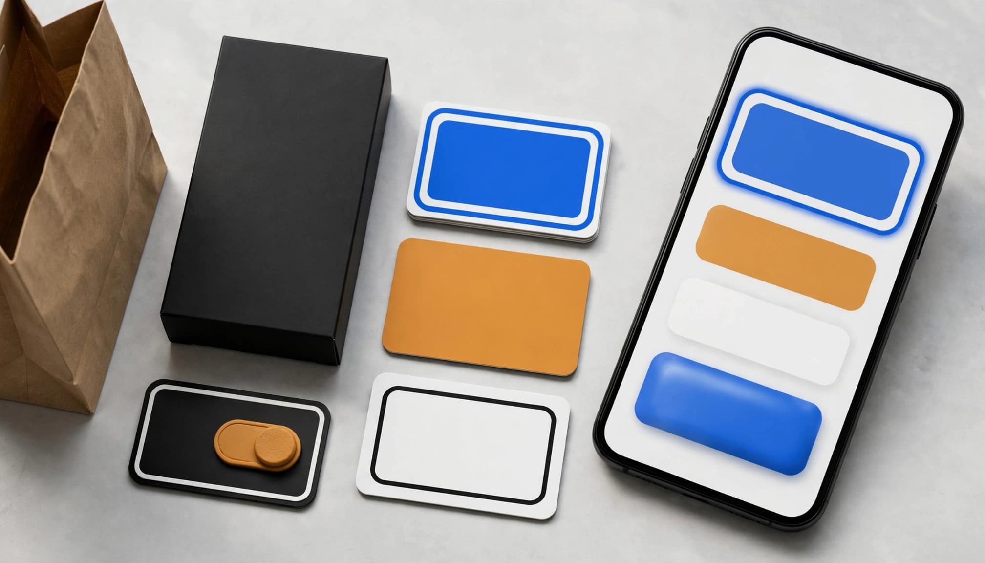 Angled smartphone beside shopping props and a high-contrast toggle card.