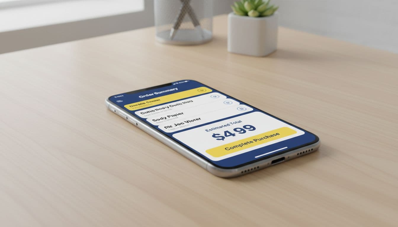 Landscape smartphone on desk shows checkout summary with large high-contrast buttons, voiceover icons, and sticky CTA.