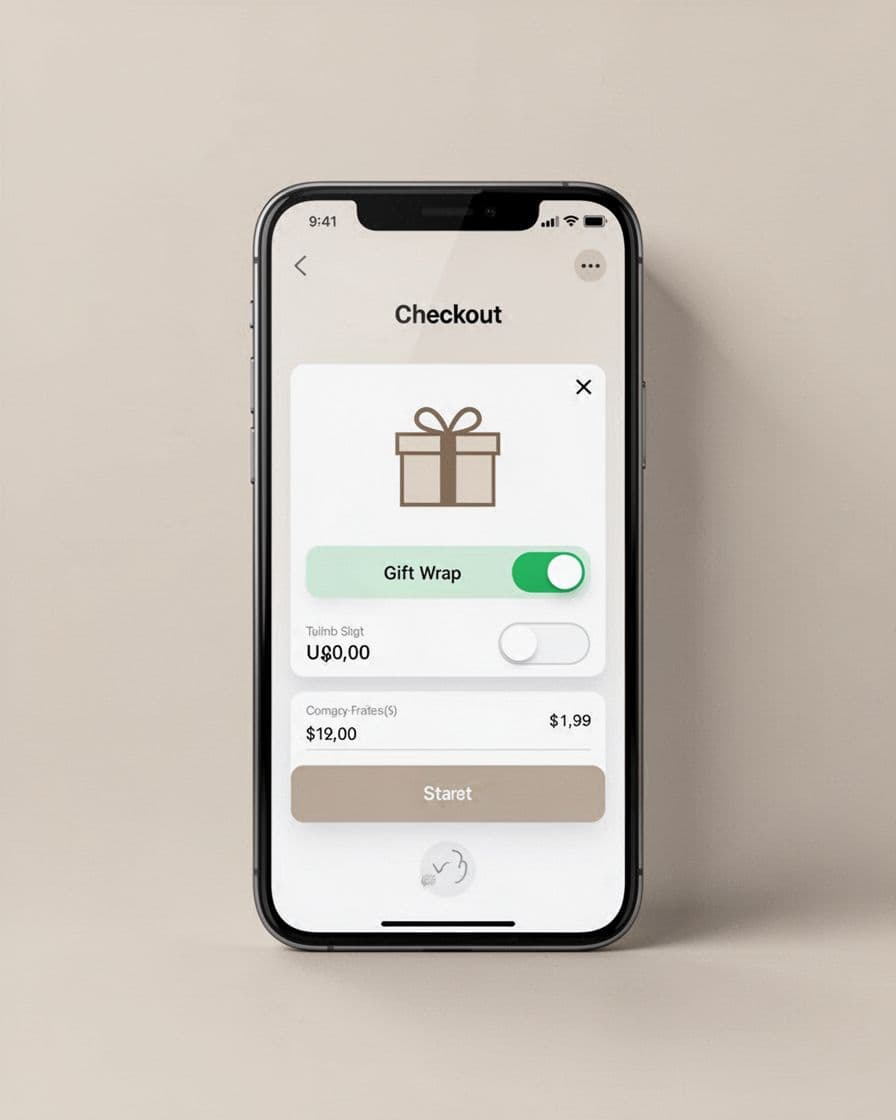 Smartphone in landscape orientation displaying a clean ecommerce checkout screen with a prominent, accessible gift wrap toggle switch featuring large touch targets and clear wrapped box icon.